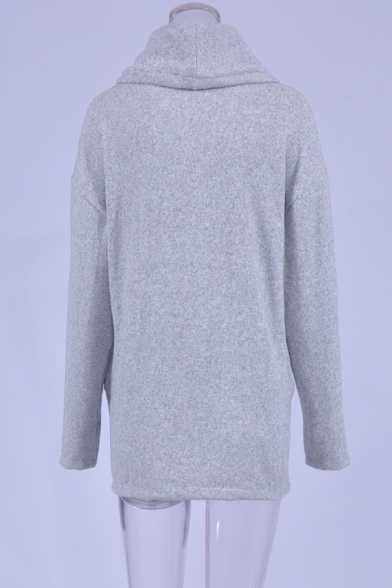 Hot Popular Gray Plain High Neck Long Sleeve Pullover Sweatshirt With Pockets