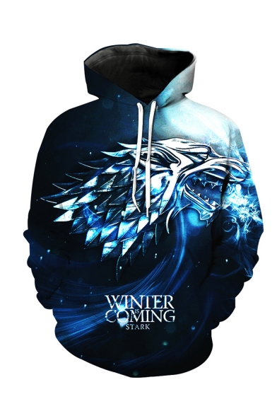 Hot Popular Letter WINTER IS COMING Wolf 3D Printed Long Sleeve Navy Drawstring Pullover Hoodie