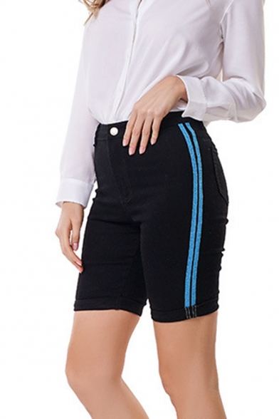 Hot Popular Womens High Waist Striped Side Rolled Hem Washed Slim Fit Denim Shorts