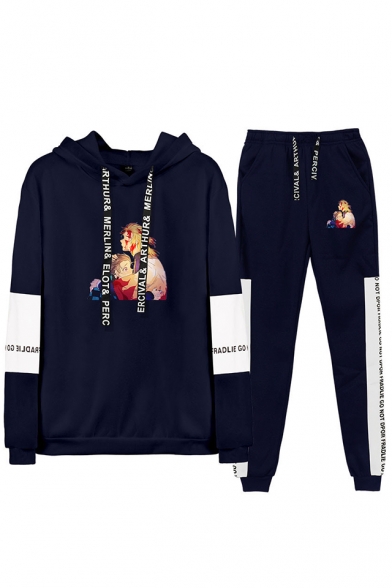 Autumn Winter Comic Print Long Sleeve Hoodie Top with Drawstring Sweatpants Two Piece Set