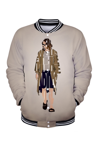 Comic Pattern Stand Collar Long Sleeve Button Down Loose Baseball Jacket