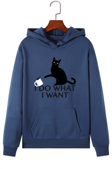 I DO WHAT I WANT Letter Cat Printed Long Sleeve Pocket Pullover Hoodie
