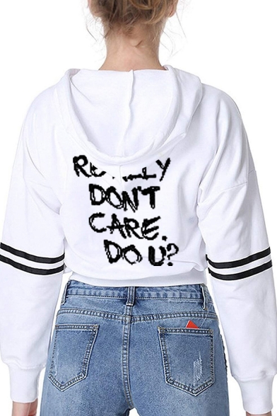 I Really Don't Care Do U Letter Printed Striped Long Sleeve Cropped Hoodie for Women