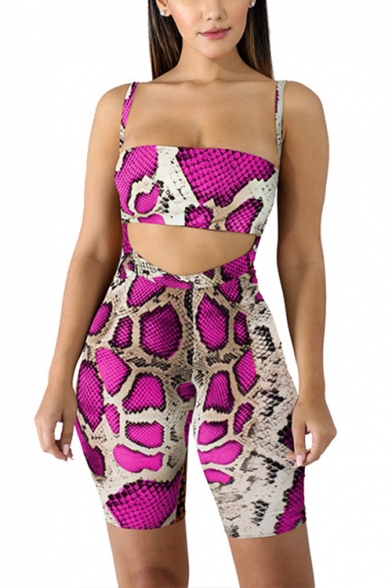 Ladies Cool Snake Print Bandeau Top with Slim Fitted Suspender Bermuda Shorts Co-ords