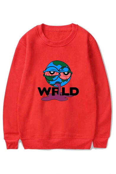Letter WRLD Cartoon Printed Round Neck Long Sleeve Casual Sports Pullover Sweatshirts