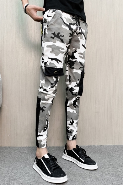 Men's Cool Fashion Camouflage Printed Pocket Embellished Drawstring Waist Casual Slim Pencil Pants