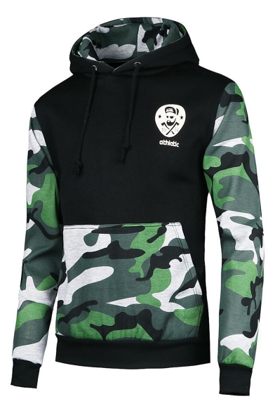 Men's Cool Fashion Colorblock Camouflage Letter ATHLETIC Printed Drawstring Hooded Long Sleeve Casual Hoodie
