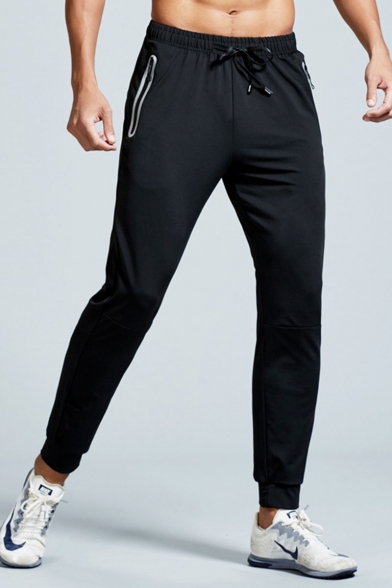 Men's Cool Fashion Simple Plain Zippered Pocket Black Drawstring Waist Casual Sports Sweatpants