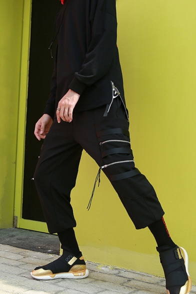 Men's Designer Fashion Solid Color Zipper Ribbon Embellished Black Cool Cargo Pants
