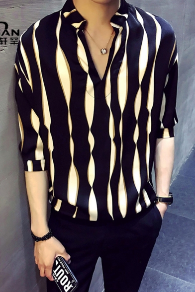 Men's Fashion Classic Striped Printed Half Sleeve Button-Up Casual Pullover Shirt
