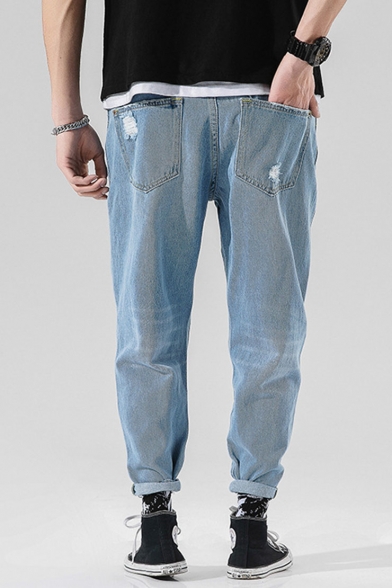 Men's Hot Fashion Simple Plain Light Blue Cool Distressed Ripped Tapered Jeans