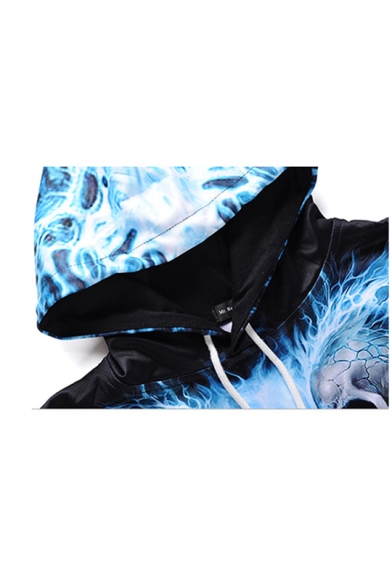 Men's New Fashion Blue Fire Skull 3D Printed Long Sleeve Black Pullover Drawstring Hoodie