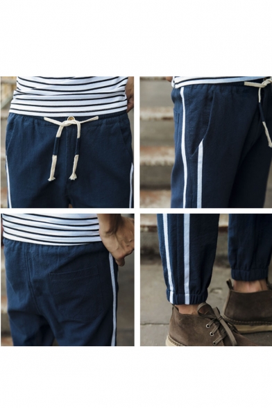 Men's New Fashion Contrast Stripe Side Drawstring Waist Elastic Cuffs Linen Casual Tapered Pants