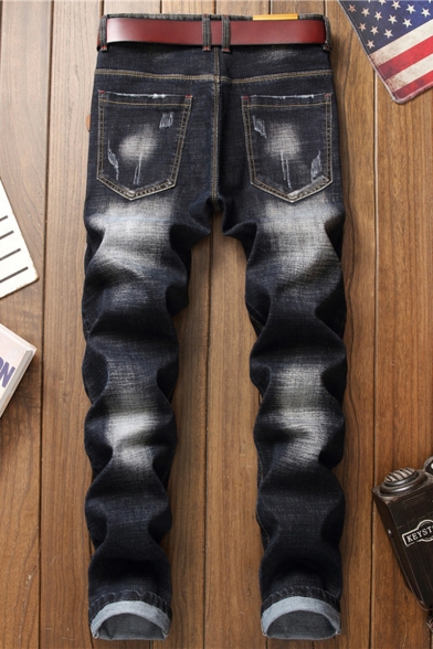 Men's New Fashion Cool Dragon Tiger Embroidery Pattern Dark Grey Regular Fit Casual Ripped Jeans
