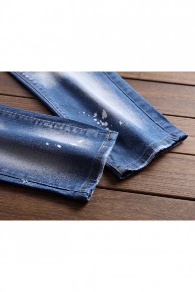 Men's New Fashion Cool Knee Patched Blue Frayed Ripped Biker Jeans