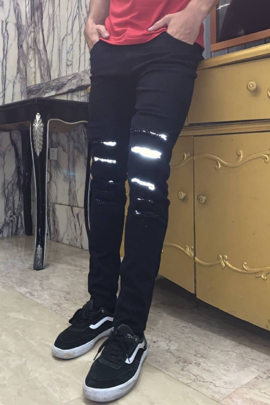 Men's New Fashion Night Reflection Designed Black Slim Fit Ripped Jeans