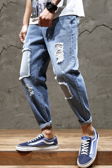 Men S New Fashion Simple Plain Patched Light Blue Trendy Frayed Ripped Jeans Beautifulhalo Com