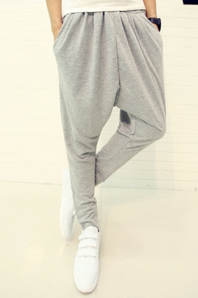 mens solid color baggy loose drawstring casual cotton harem pants