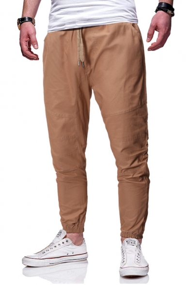 Men's Simple Fashion Solid Color Drawstring Waist Elastic Cuffs Casual Cargo Pants Pencil Pants
