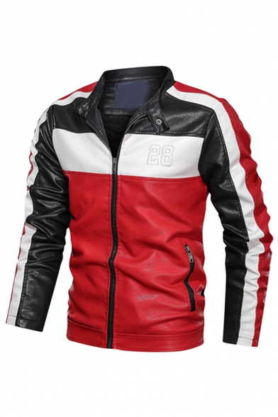 Mens Hot Fashion Colorblock Print Long Sleeve Stand-Collar Zip Up Casual Leather Jacket