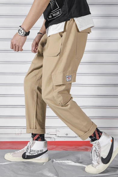 Mens New Fashion Solid Color Multi-pocket Drawstring Waist Casual Sports Cargo Pants