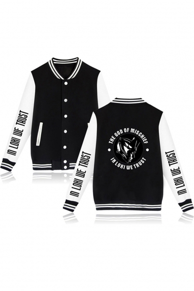 Mens New Stylish Comic Letter Printed Rib Stand Collar Long Sleeve Button Down Unisex Baseball Jacket