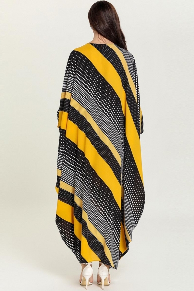 Moslem Casual New Stylish Round Neck Batwing Sleeve Pinstripe Loose Shift Asymmetrical Maxi Dress