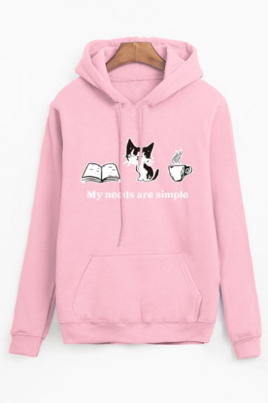 My Needs Are Simple Letter Cat Printed Long Sleeve Pocket Hoodie