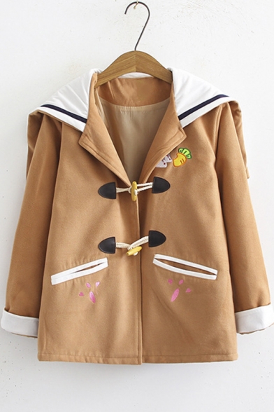 Navy Collar Embroidered Rabbit Ear Hooded Wool Duffle Coat for Students