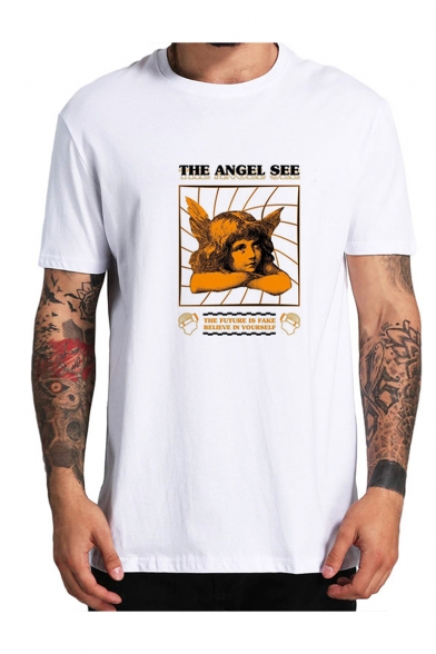 New Arrival Popular Letter THE ANGEL SEE Angel Pattern Round Neck Short Sleeve White Casual T-Shirt