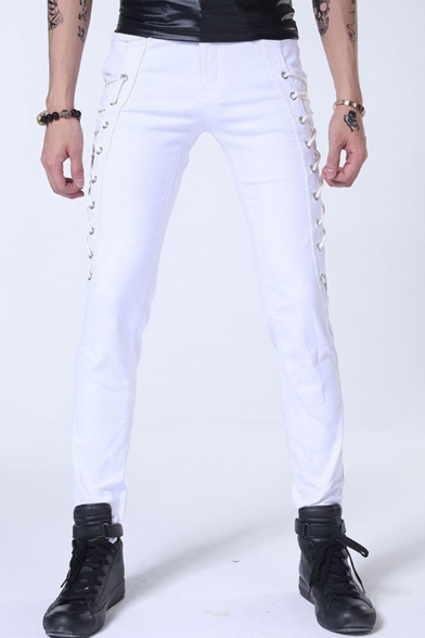 New Arrival Punk Style Cool Crisscross Side Simple Plain Slim Fitted Mens Casual Pencil Pants