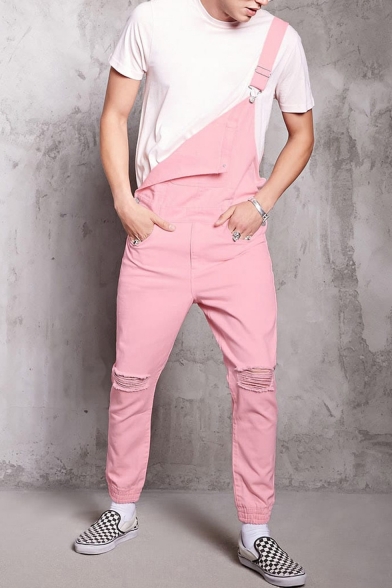 New Arrival Stylish Slim Fitted Pink Ripped Jeans Trendy Bib Overalls for Guys
