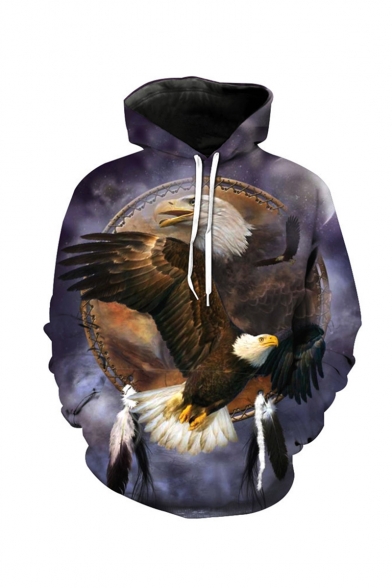 New Fashion American Eagle 3D Printed Drawstring Hooded Long Sleeve Purple Pullover Hoodie