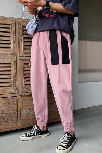 New Fashion Colorblock Patched Elastic Cuffs Casual Tapered Cargo Pants with Side Pocket for Guys