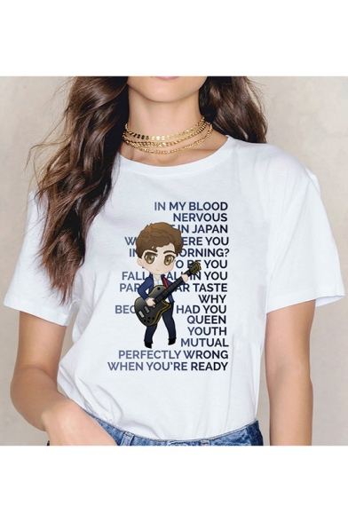 New Fashion Letter IN MY BLOOD Cartoon Guitar Figure Printed White Short Sleeve Tee