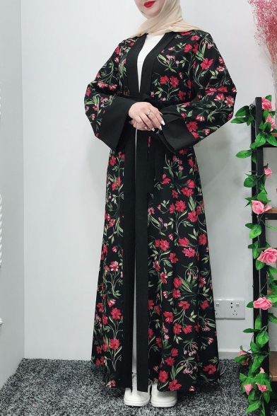 New Fashion Moslem V-Neck Long Sleeve Floral Print Bow-Tied Wait Black A-Line Maxi Dress