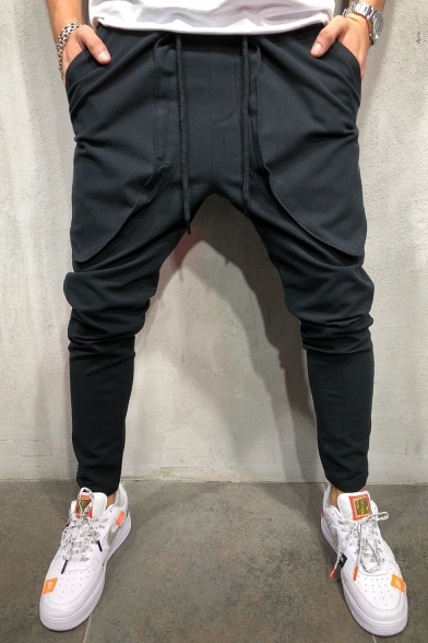 New Fashion Solid Color Drawstring Waist Large Pocket Design Hip Pop Trendy Black Joggers Pants Sports Pencil Pants