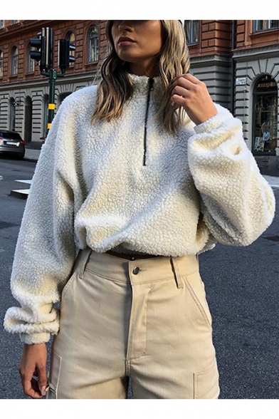 New Fashion White Half-Zip Stand Collar Long Sleeve Plain Cropped Casual Fluffy Shearling Sweatshirt