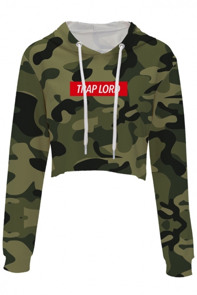 New Popular Green TRAP LORD Letter Camouflage Printed Long Sleeve Loose Cropped Hoodie