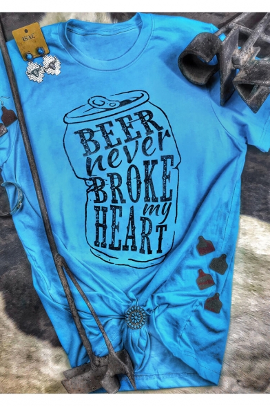 New Stylish BEER NEVER BROKE MY HEART Letter Printed Round Neck Short Sleeve Blue T-Shirt