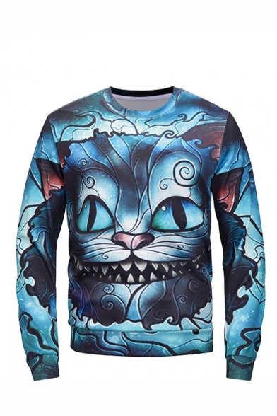 New Stylish Blue Cartoon Cat 3D Printed Long Sleeve Round Neck Trendy Pullover Sweatshirts