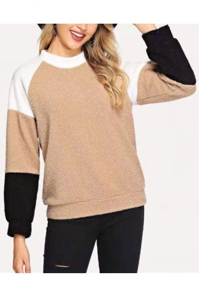 New Stylish Color Block Round Neck Long Sleeve Khaki Fluffy Sweatshirt