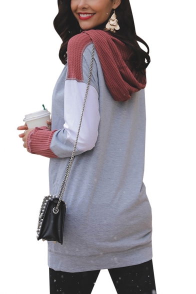 New Stylish Drawstring Hood Color Block Long Sleeve Long Hoodie With Pocket