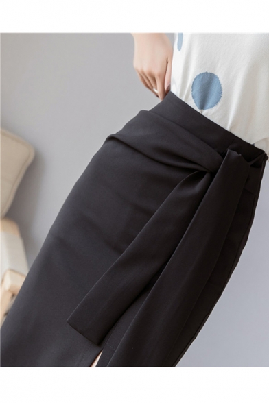 New Stylish High Waist Self-Tie Split Side Plain Midi Skirt for Office Lady