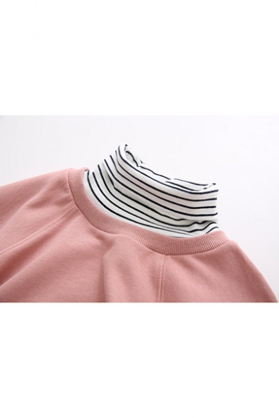New Trendy Stripe Patched High Neck Long Sleeve Casual Sweatshirt