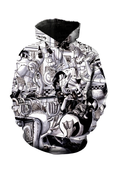 One Piece Black and White Comic Figure Pattern Long Sleeve Loose Fit Pullover Hoodie