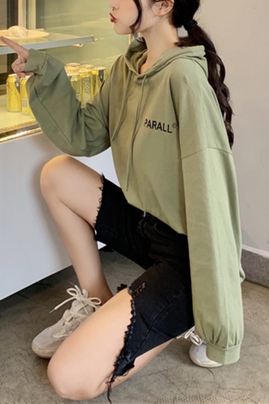 PARALL Letter Print Long Sleeve Drawstring Loose Pullover Hoodie With Pocket