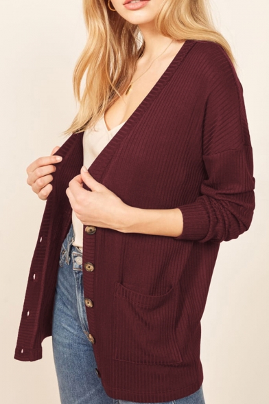 Popular Casual Plain Knit Long Sleeve Button Open Front Cardigan for Women