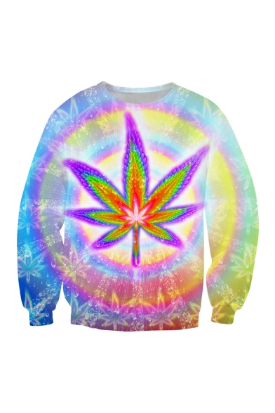 Popular Fashion Colorful Halo Leaf 3D Printed Round Neck Long Sleeve Casual Pullover Sweatshirt