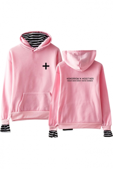Popular TXT Simple Letter Logo Print Striped Fake Two-Piece Loose Hoodie
